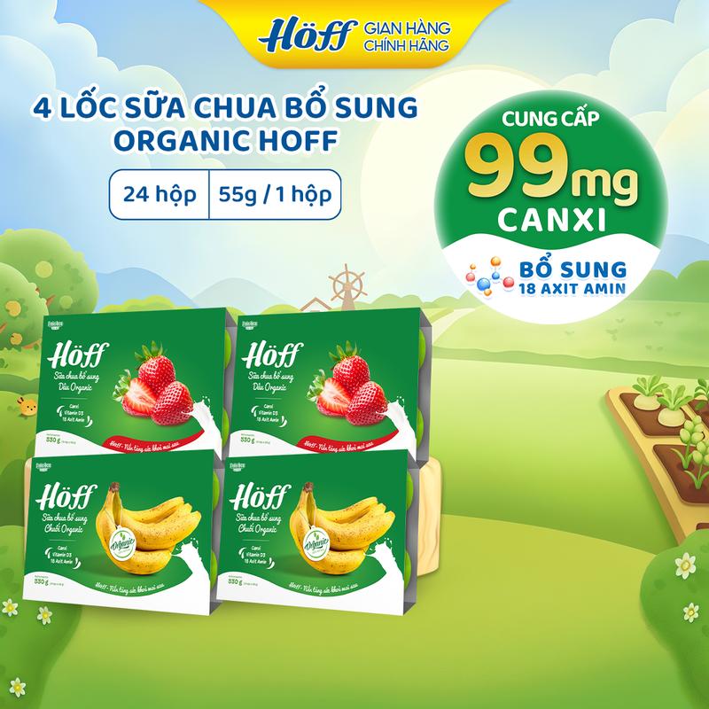 Combo 4 sữa chua HOFF cho bé mix vị bổ sung Dâu organic Chuối organic bổ sung canxi vitamin D3 axit amin men vi sinh 4 Lốc - 24 hộp