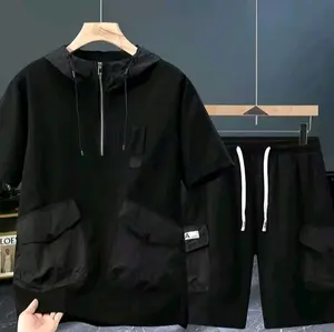 Setelan Tactical Streetwear Pria All Black Edition Hoodie Lengan Pendek Banyak Kantong Celana Cargo Nyaman Ringan Cocok untuk Hangout Traveling Olahraga Ringan atau Daily Wear