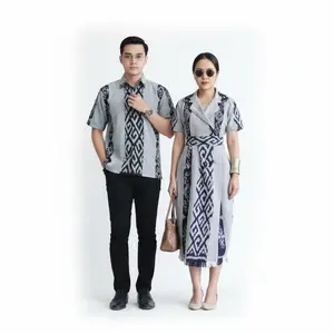 BAJU COUPLE TENUN JEPARA DRESS WANITA DAN KEMEJA PRIA WARNA ABU ABU BAHAN NYAMAN SETELAN PASANGAN ETNIK SARIMBIT SIZE S M L XL - Panjang