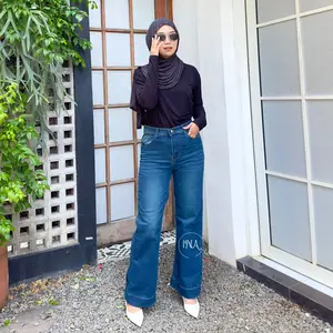 ina jeans - Celana Highwaist Loose Jeans Wanita Lipat Lebar Straight Jeans Baggy Stretch Soft Celana Panjang Wanita Size 27-42