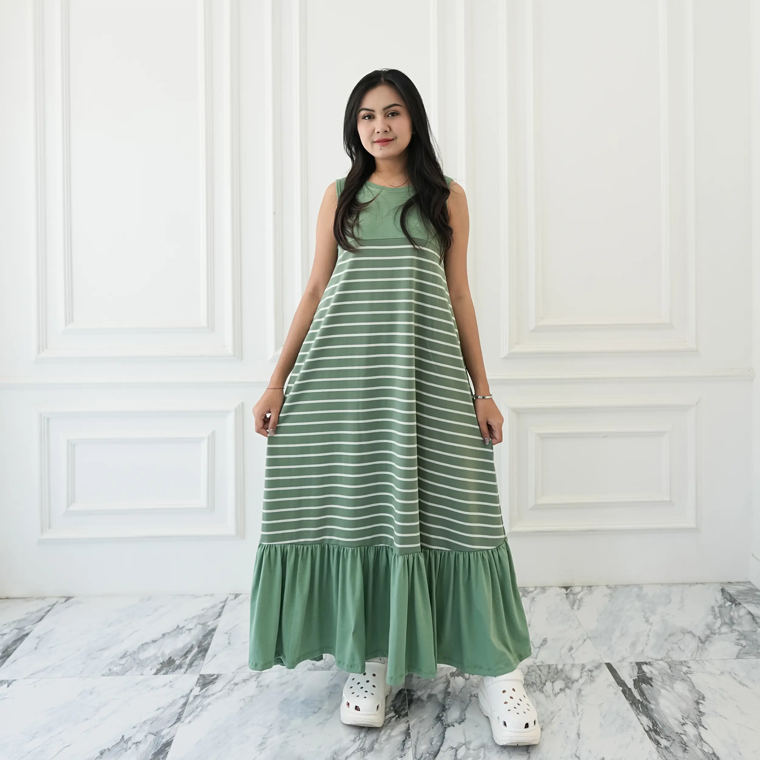Simplyrooms Sofia Dress Korean Elegan Motif Garis Panjang Santai Basic Casual