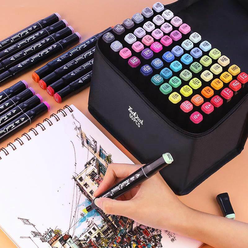 Spidol berbahan dasar minyak ujung ganda untuk lukisan anak-anak pena cat air 24-80 warna set pensil cat air lengkap 2 in 1 Markers Art Pen Plastik Stationery | Kekinian