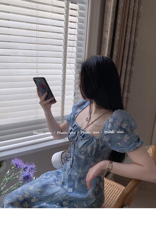 Product Introduction of phụ nữ ăn mặcĐầm Voan Pháp, In Hoa Mùa Hè, Cạp Cao Xẻ Tà, Hàng Mới Về Cho Nữ, Bó Sát Eo, Cổ Vuông, Tay bồng Hoa, Đầm Midi Dress Women 19