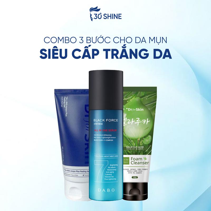  Combo chăm da bước Dr.FORSKIN: Da Giảm Mụn - Trắng Sáng - Mịn Màng: Sữa rửa mặt tràm trà Serum dưỡng da Dabo và Gel tẩy tế bào chết Acsys Plus 