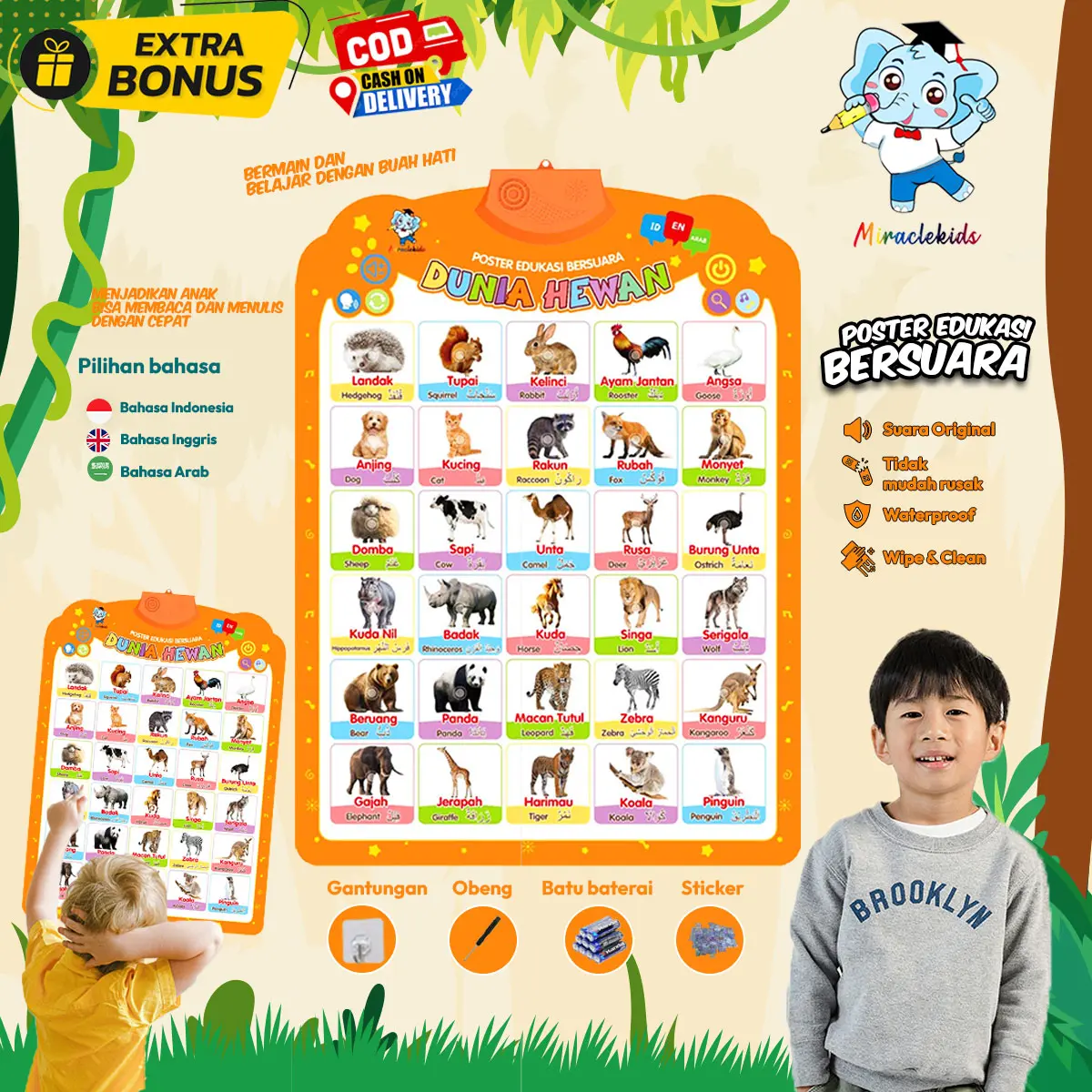 Mainan edukasi poster bersuara anak miraclekids dunia hewan bersuara bahasa indonesia inggris english arab talking poster