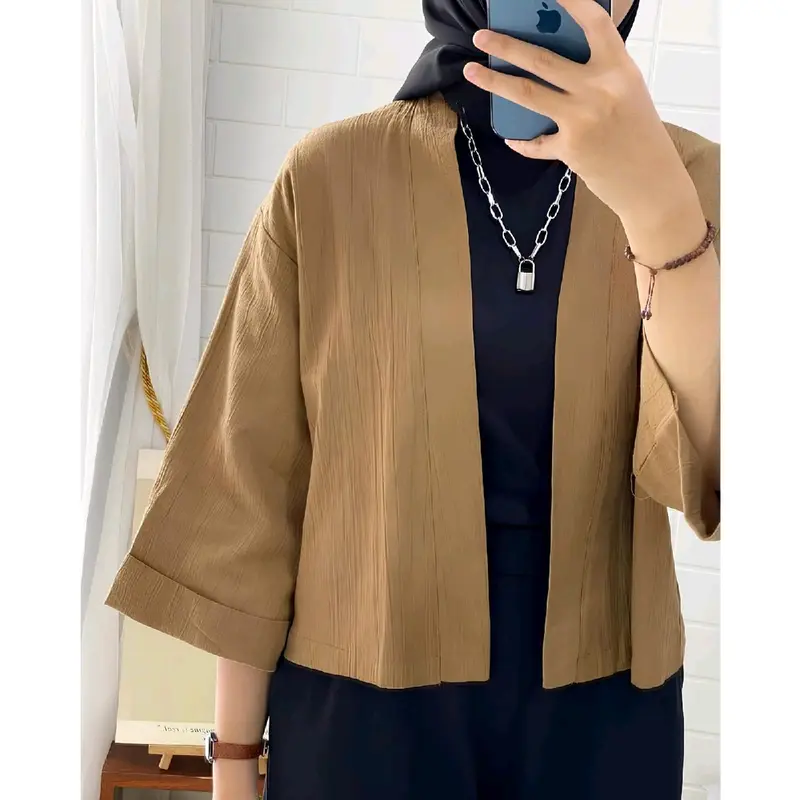 Belia Outer Crop Wanita Lengan 3/4 Linen Crinkle - Baju Atasan Wanita Korean Style - Outer Cardigan Oversize Terbaru Kekinian OOTD Hijab Muslim 0