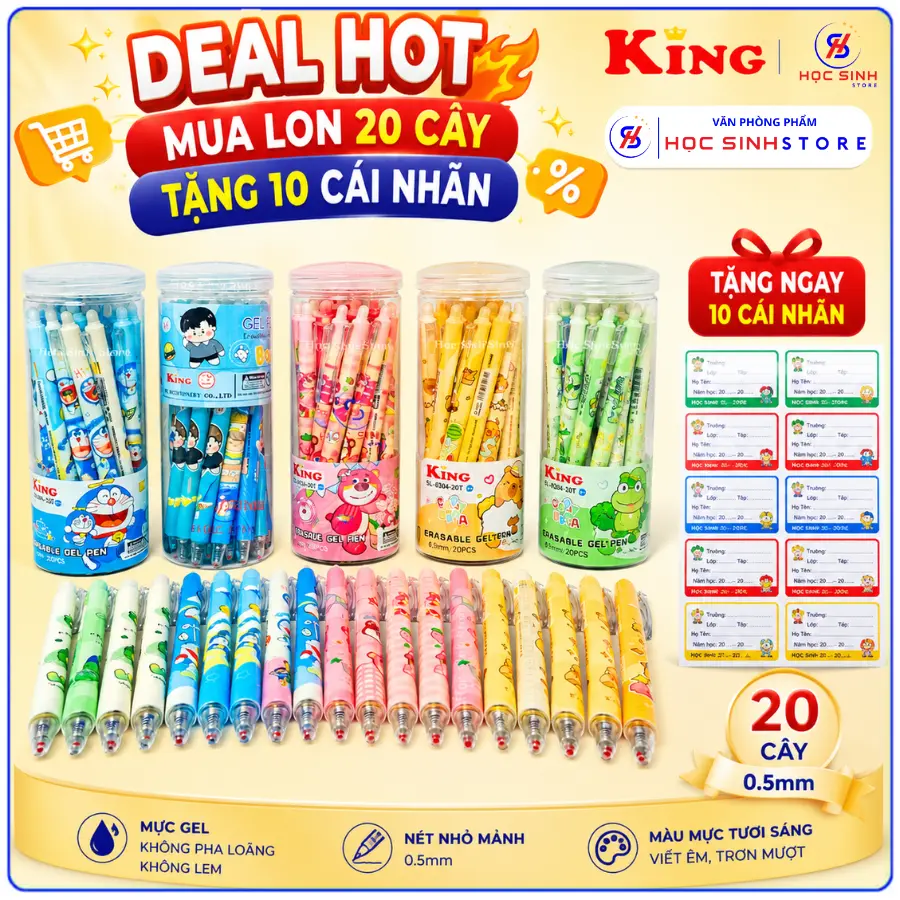 [TẶNG 10 CÁI NHÃN] Lon 12/20 Cây Bút Gel Bấm Xóa Được King Ngòi 0.5mm Màu Mực Xanh/Tím (Giao Mẫu Ngẫu Nhiên) Bút Xóa Được Dành Cho Học Sinh Tiểu Học, Mực Đậm, Nét Nhỏ