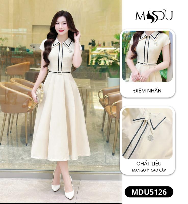 [Deal mở bán! MUA 1 TẶNG 1] MDU5126 Váy Mango Ý Cao Cấp - Gam Kem Trang Nhã Kết Hợp Viền Đen Nổi Bật Ở Cổ Sơ Mi Cách Điệu