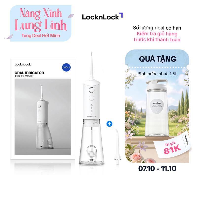 Máy tăm nước không dây LocknLock Oral irrigator ENR164WHT 5V, 5W, 300ml - Màu trắng - 3 chế độ - Bảo hành 12 tháng về lỗi pin/ 24 thángvề  lỗi mạch