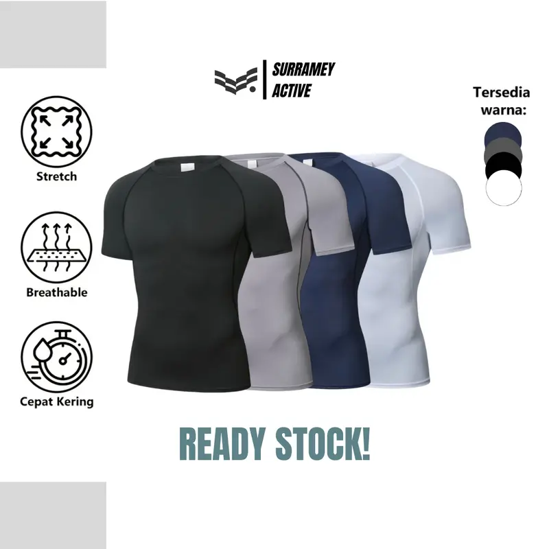 Baju Manset Baselayer Lengan Pendek Sport Compression Shirt Training Black Grey Blue White 0
