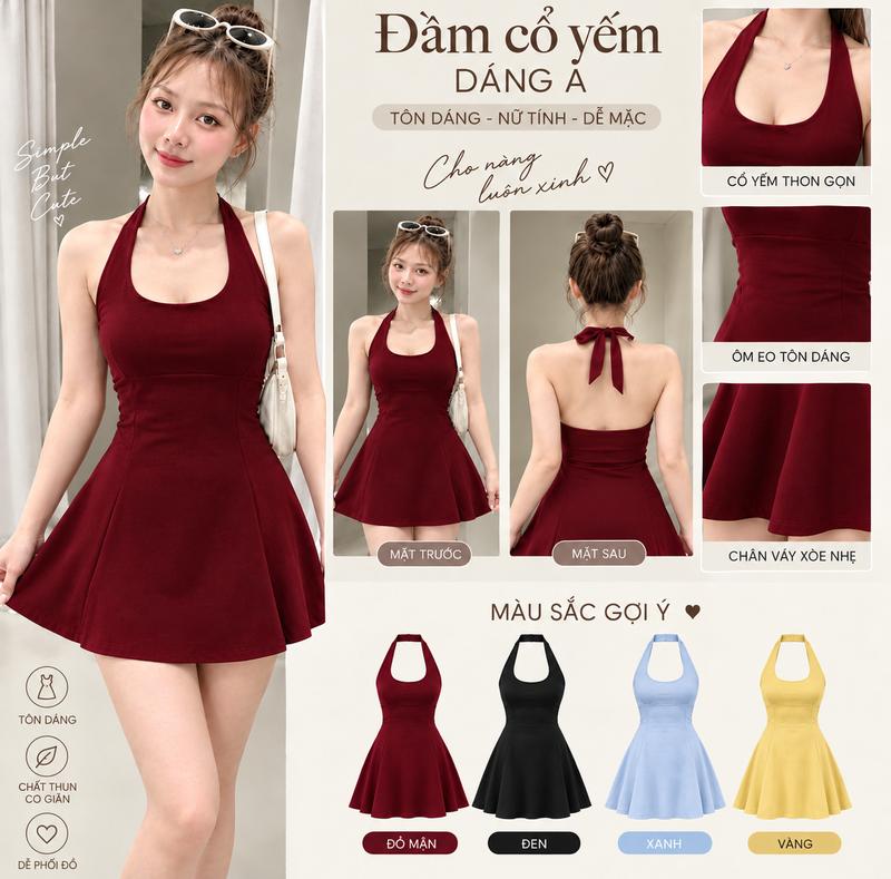 Đầm Cổ Yếm Chiết Eo Dáng Chữ A Nữ Thanh Lịch Màu Vàng Đỏ Mận Đen Xanh