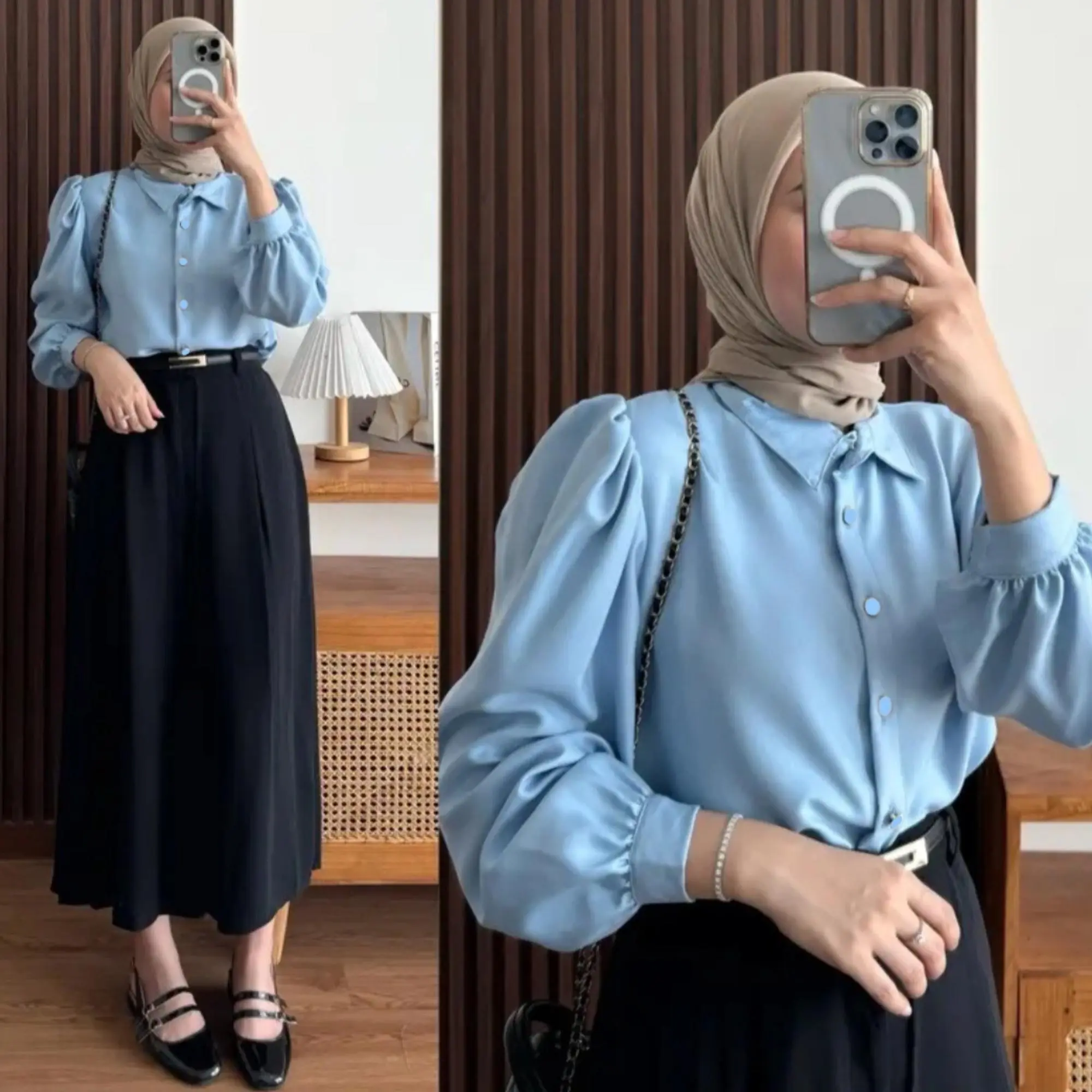 Blouse Shirt Kemeja Outfit Style Wanita Lengan Balon Bahan Shakila Twill Nyaman By DF Fashion