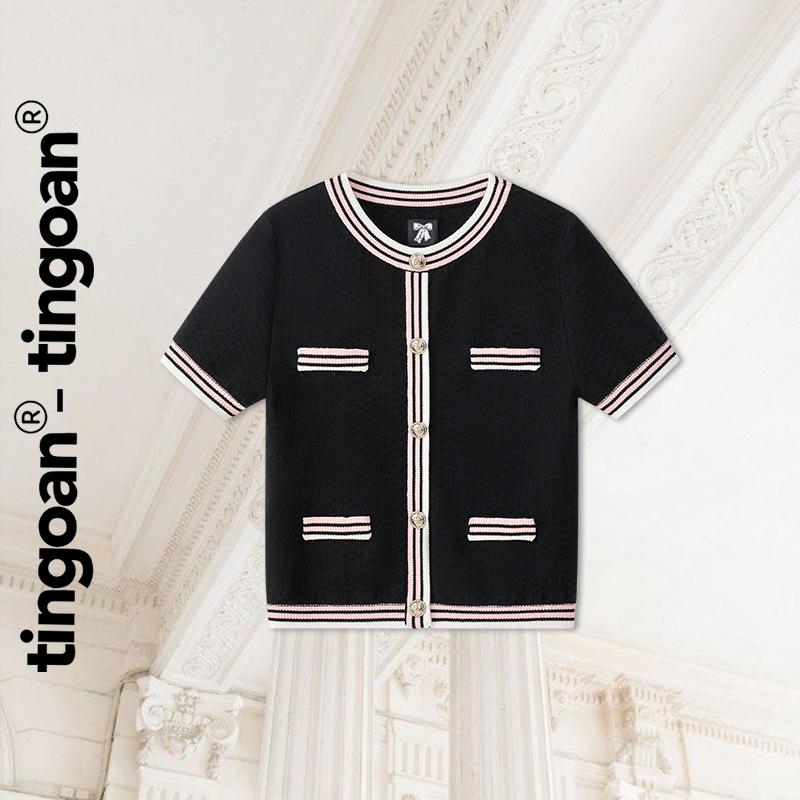 TINGOAN - Áo len xù đen cổ tròn viền 2 line trắng SHANGHAI TOP/BL