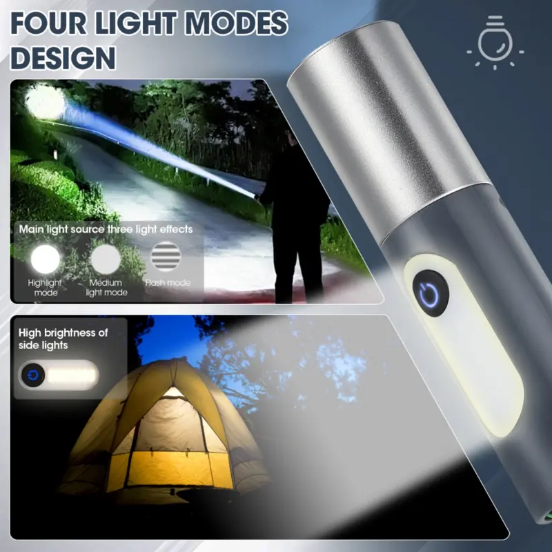 Đèn LED chiếu sáng Cầm Tay Siêu Sáng, Đèn pin Có Thể Sạc Lại 2 trong 1, 1000 Lumen, 4 chế độ ánh sáng, Nguồn sáng kép, Thu phóng vô hạn, Thích hợp để cắm trại, Đi xe đạp khẩn cấp, Câu cá, Đi bộ đường dài, Khám phá hang động 6
