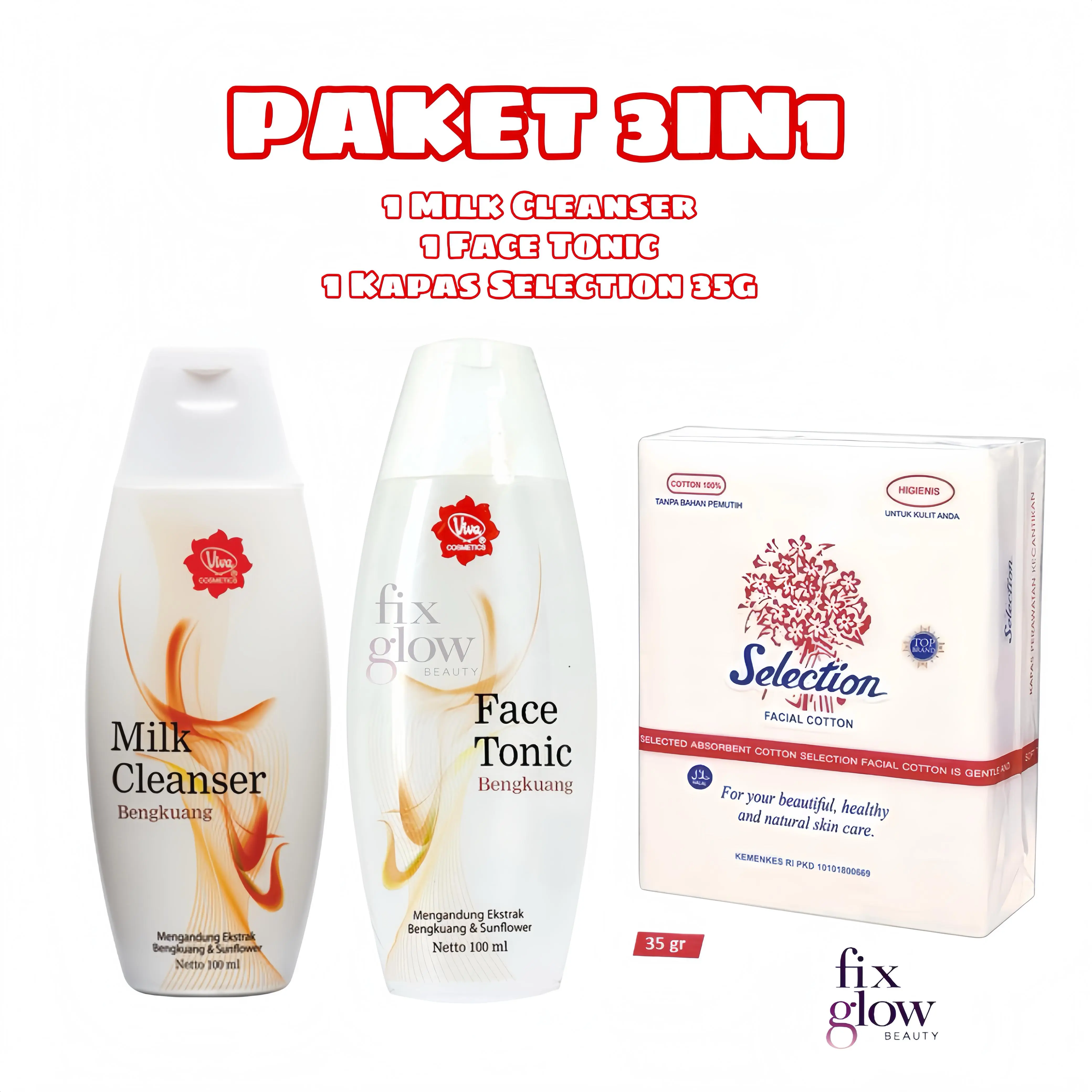 3IN1 PAKET HEMAT Viva Milk Cleanser+Face Tonic+Kapas Ukuran 35g All Varian Bengkoang | Green Tea | Spirulina | Lemon | Cucumber
