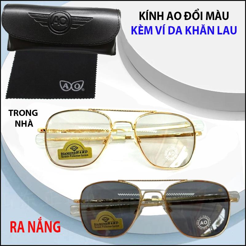 Mắt kính AO đổi màu tròng kính thủy tinh chịu lực chống UV400 kèm ví da khăn lau