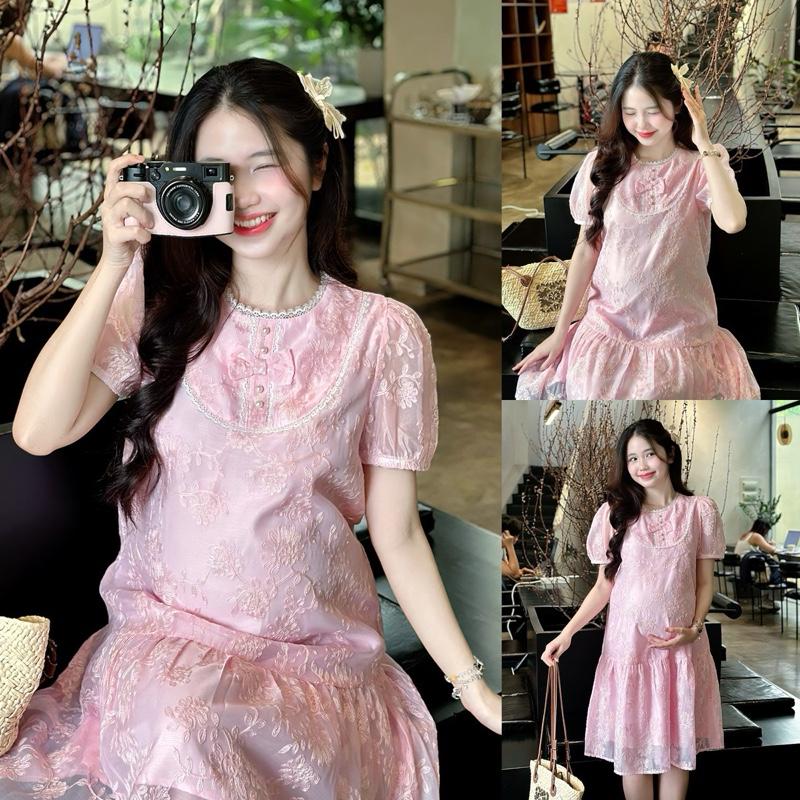  Đầm bầu Lamos viền ren tơ thêu 2 lớp phối nơ nút ngọc thanh lịch tiểu thư sang chảnh cho mẹ đi tiệc đám cưới mang Tết 