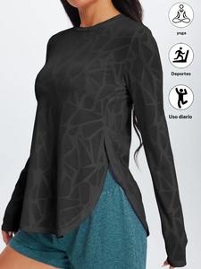 Camiseta de fitness de manga larga de secado rápido para mujer, top de yoga para otoño invierno con aberturas laterales, estampado floral elegante para estilo de vida activo