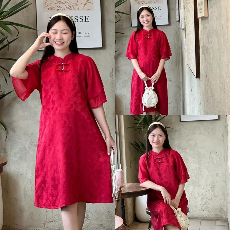  Đầm bầu Tết đính nơ cổ cách điệu from suông tay 2 lớp cho mẹ mang đi làm,đi tiệc  mang Tết . 