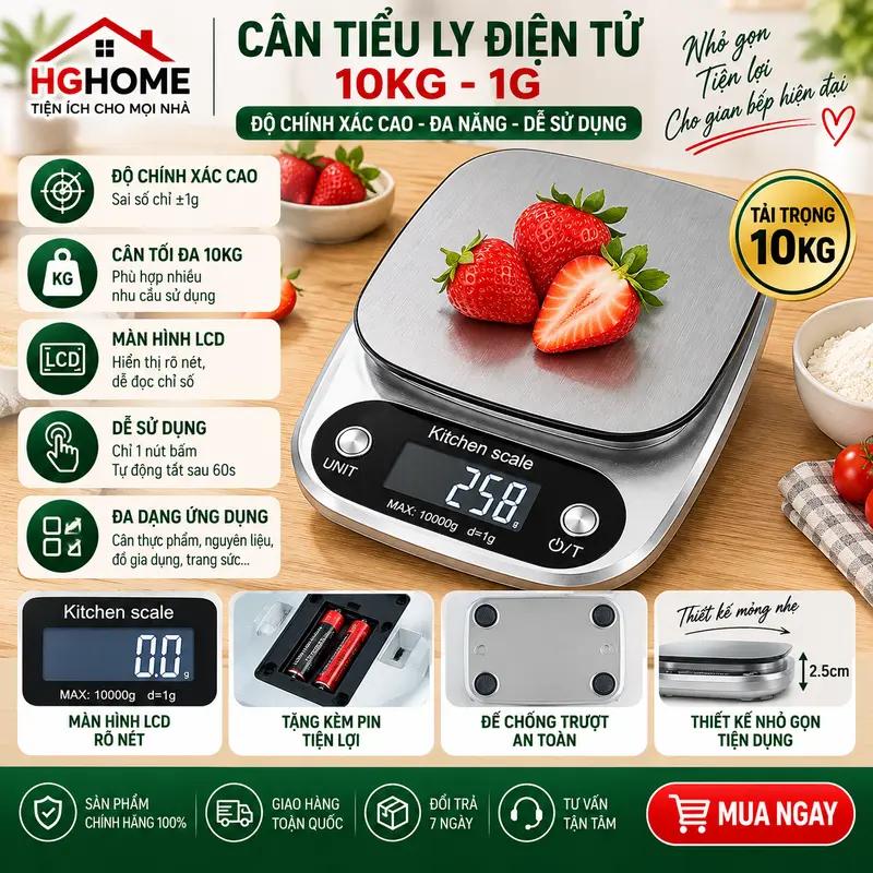 Cân tiểu ly điện tử 10kg - 1g, Cân tiểu ly độ chính xác cao, Cân điện tử thực phẩm HGHOME