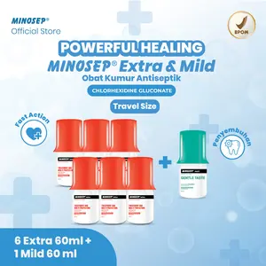 Minosep EXTRA Obat Kumur Antiseptik 60ml 6 botol + Minosep MILD 60ml 1 botol Paket 7 pcs POWERFUL HEALING (travel size)