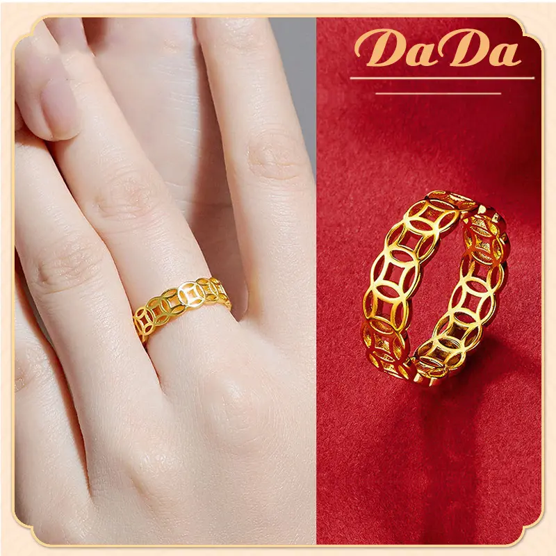 Lucky Coin Ring Original 916 Gold Plated Good Luck Engagement Jewelry for Men and Women Size: #8