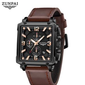 ZUNPAI Men's Square Watch Chronograph Quartz Analog Men's Sports Watch with Leather Strap Waterproof Luminous Calendar Casual Square Business Watch for Men