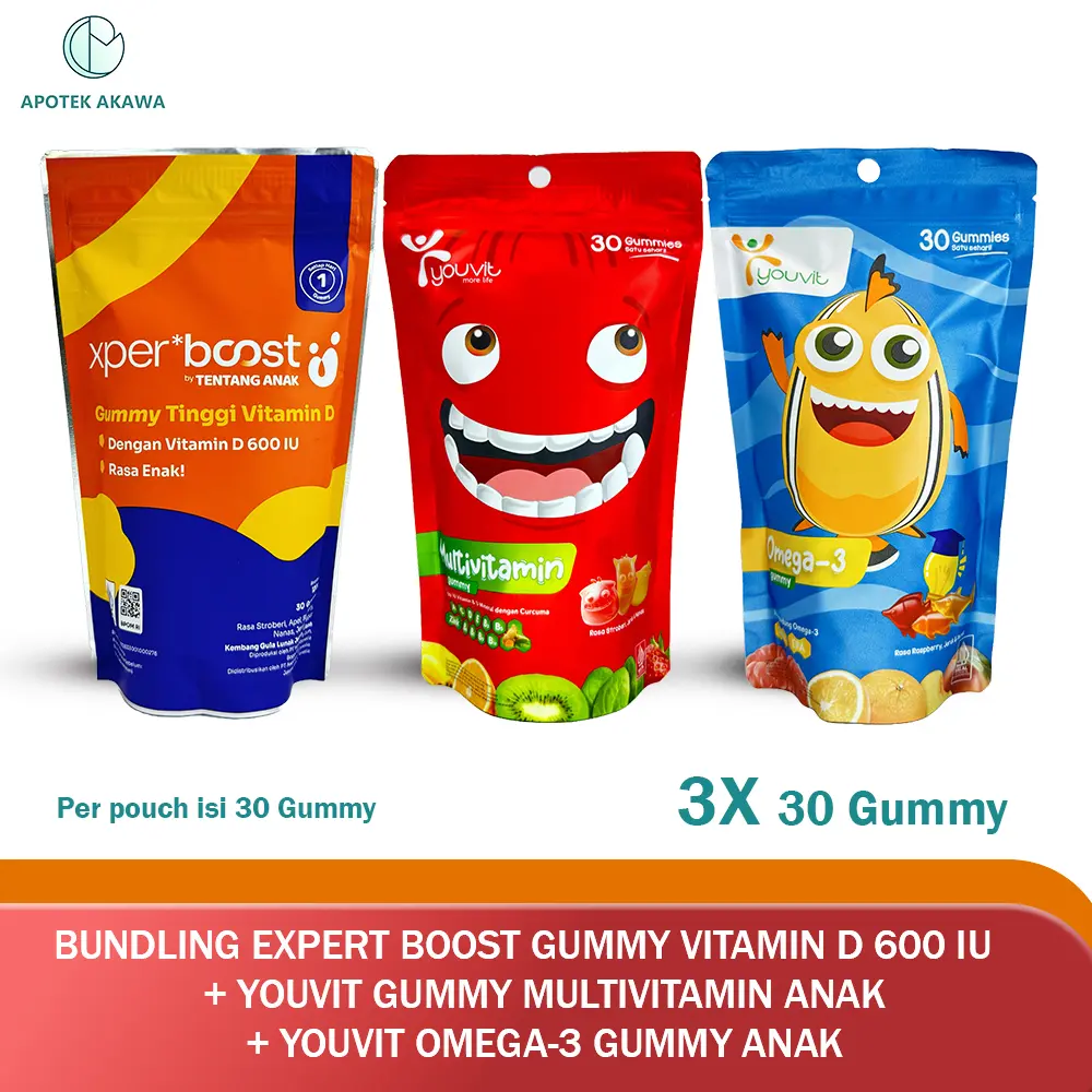BUNDLING EXPERT BOOST GUMMY, YOUVIT GUMMY MULTIVITAMIN ANAK & YOUVIT GUMMY OMEGA-3 / POUCH @30 GUMMIES / APOTEK AKAWA