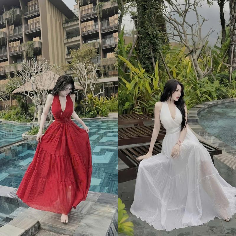 Đầm váy nữ maxi tơ gẫy cổ v cột sao ( Có Mút ) dáng dài điệu đà dành cho các nàng diện đi chơi đi biển vào dịp hè