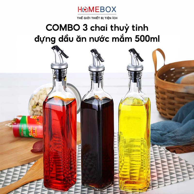 COMBO 3 Chai Đựng Dầu Ăn Nước Mắm Thủy Tinh Vuông 500ml Bình Lọ Đựng Gia Vị Có Vòi Tiện Lợi Đa Năng
