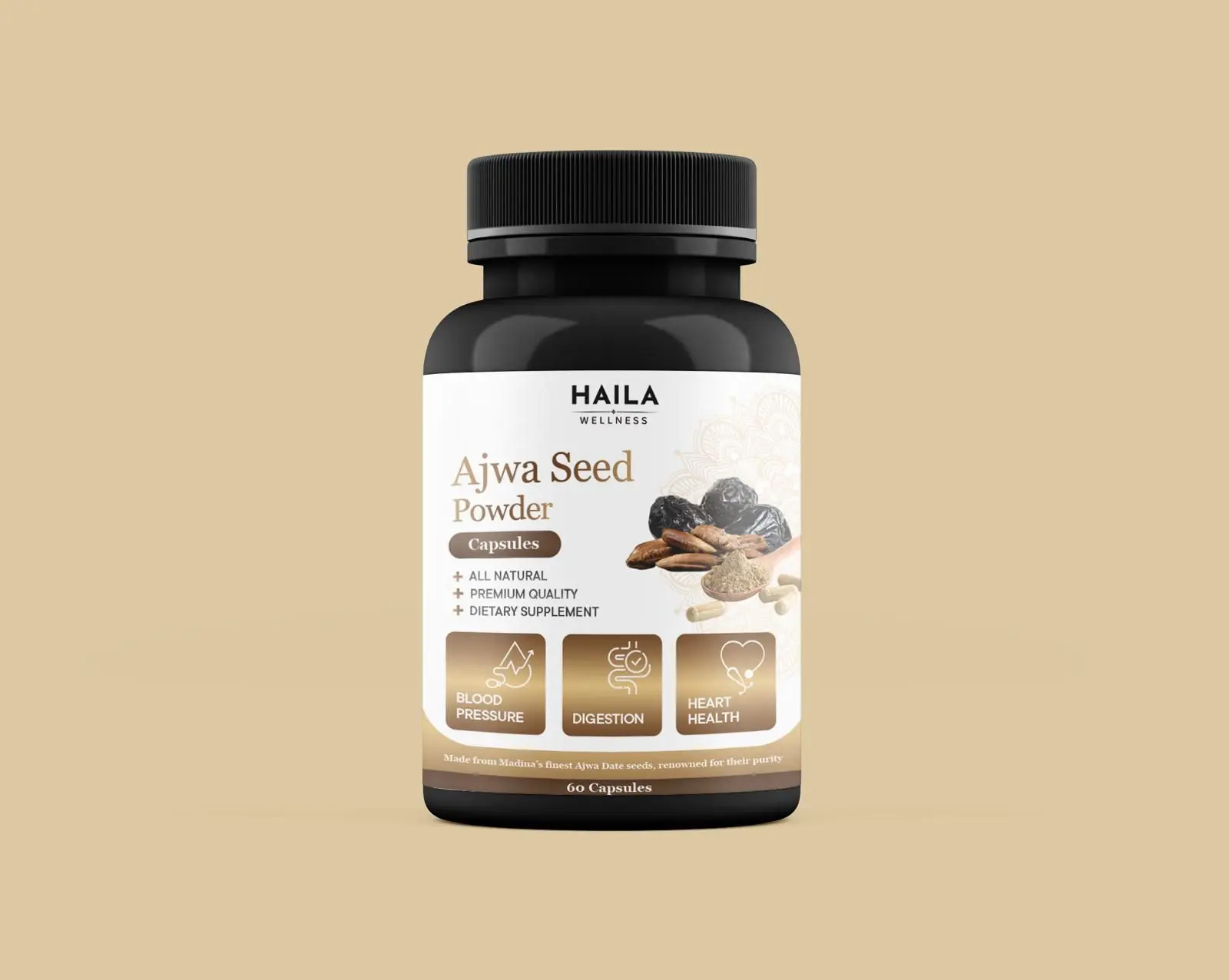 Ajwa Madinah Date Seed Powder Capsules – Premium Quality - All Natural – (Vegan/Halal/Non-GMO/Gluten Free) 60's heart health wellness supplements energy gluten free