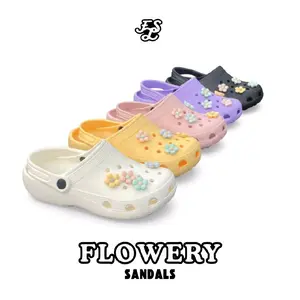 LUMMYSHOP Flowery Sandal Karet Wanita Sandal Santai dengan Hitam Ungu Kuning Putih Premium Import