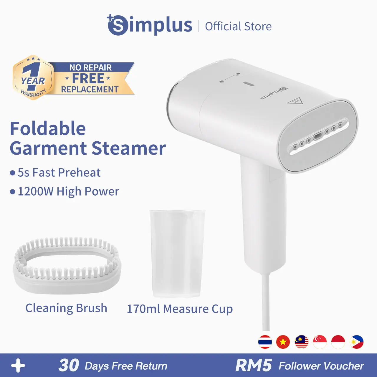 Simplus Handheld Garment Steamer Foldable 1200w 5s Fast Preheat Stainless Steel Panel 170ml Water Tank