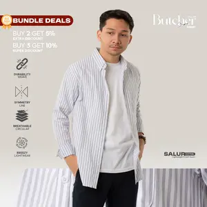 Kemeja Pria Garis WOODCUTTER Basic Butcher Stripes Shirt Lengan Panjang Salur Casual Kerja - Light Grey