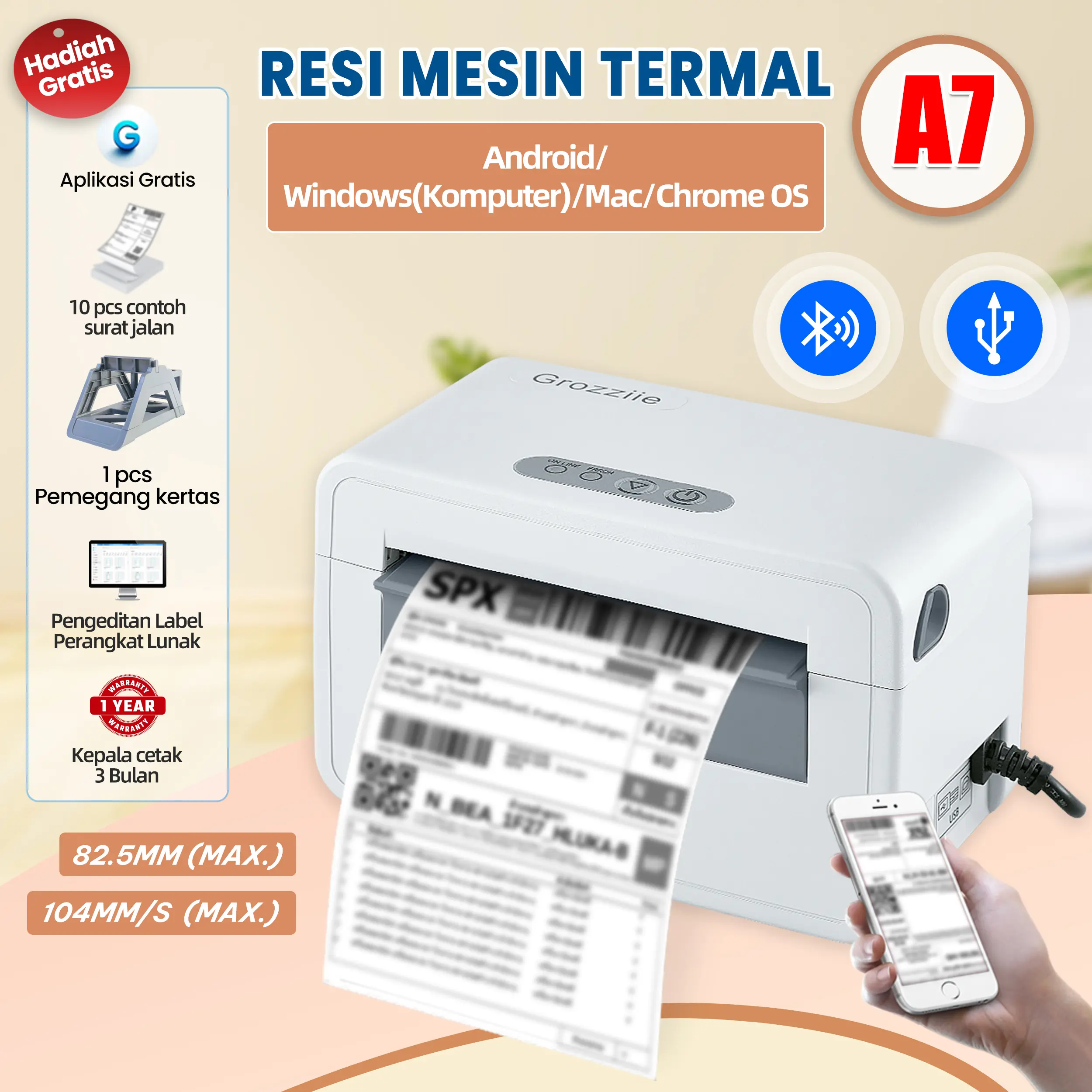 GROZZIIE Printer Thermal Bluetooth A7 203DPI, Cetak Label Pengiriman Waybill AWB Barcode dan Stiker