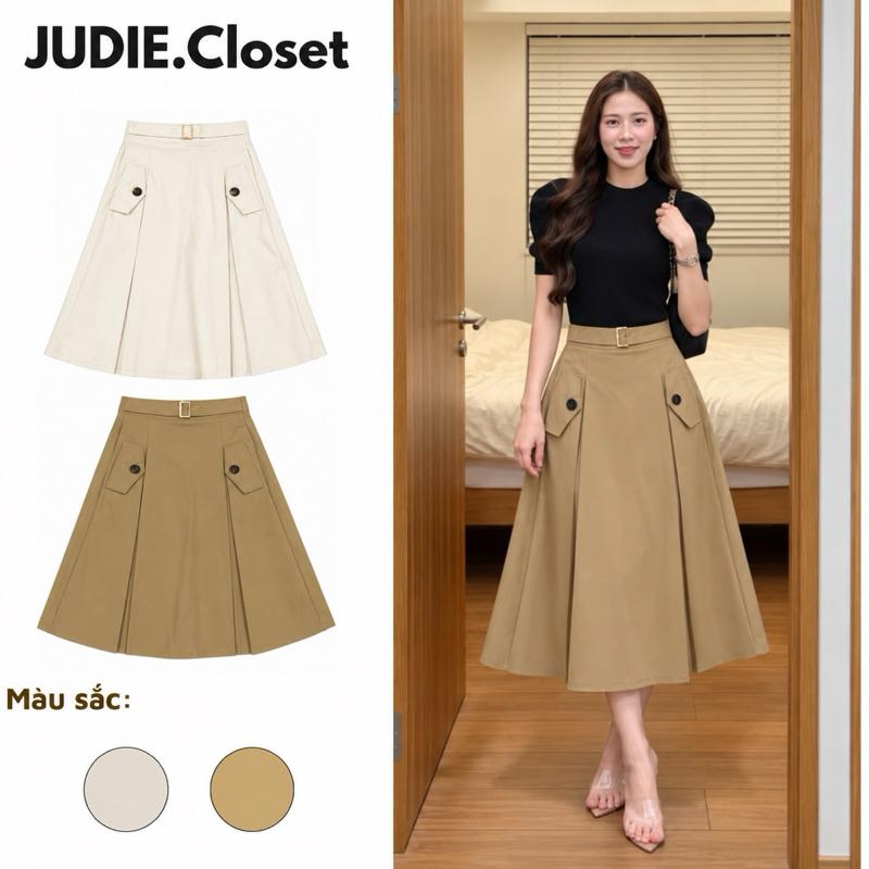 Chân Váy Kaki Dáng Xoè Dài 86cm Cạp Khoá Có Túi,Chân Váy Công Sở Nữ Dễ Phối Đồ JUDIE.Closet