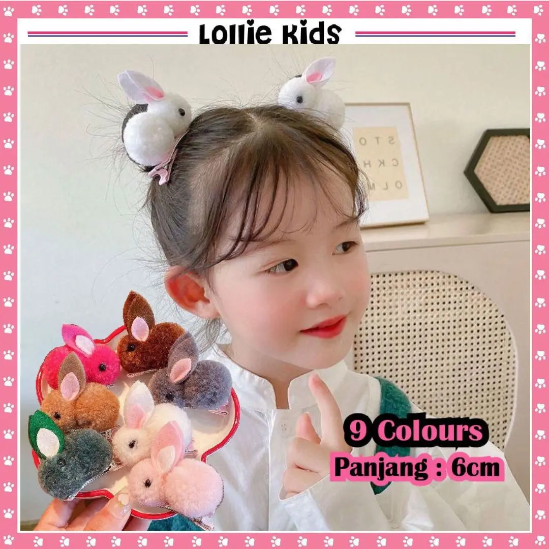 1 PASANG ISI 2PCS JEPIT KELINCI GAYA ANAK PEREMPUAN KOREA / JEPIT RAMBUT POMPOM HALUS MODEL KELINCI