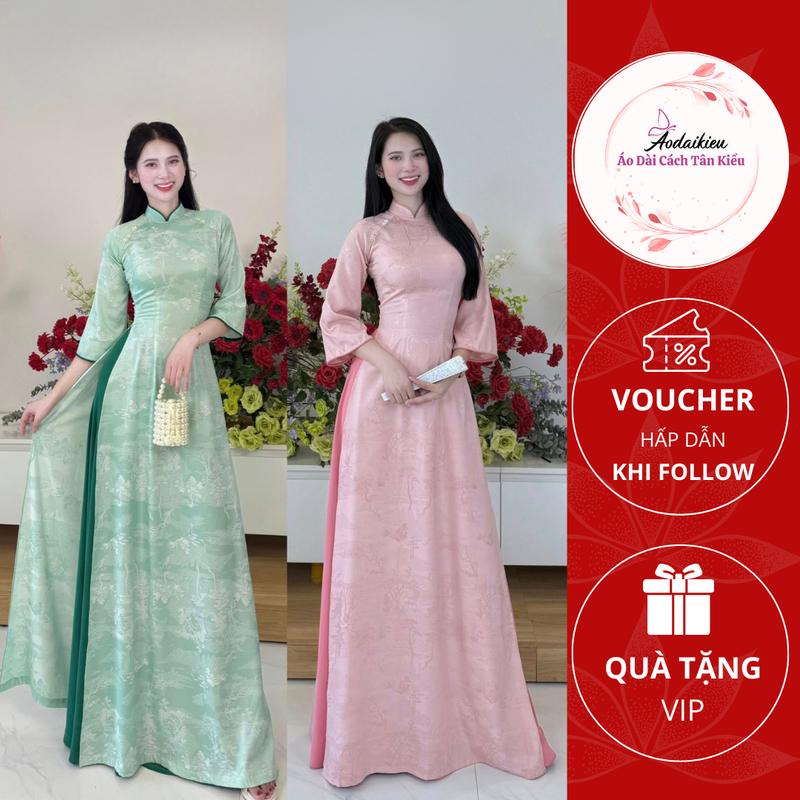  Áo dài truyền thống chất lụa gấm phong sơn phối viền cổ A20 