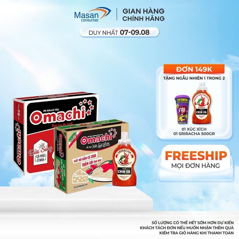 Combo 1 Thùng Mì dinh dưỡng khoai tây Omachi mì trộn xốt Spaghetti + 1 Thùng Mì dinh dưỡng khoai tây Omachi xốt bò hầm x 80gr + 1 tương ớt sriracha 250gr