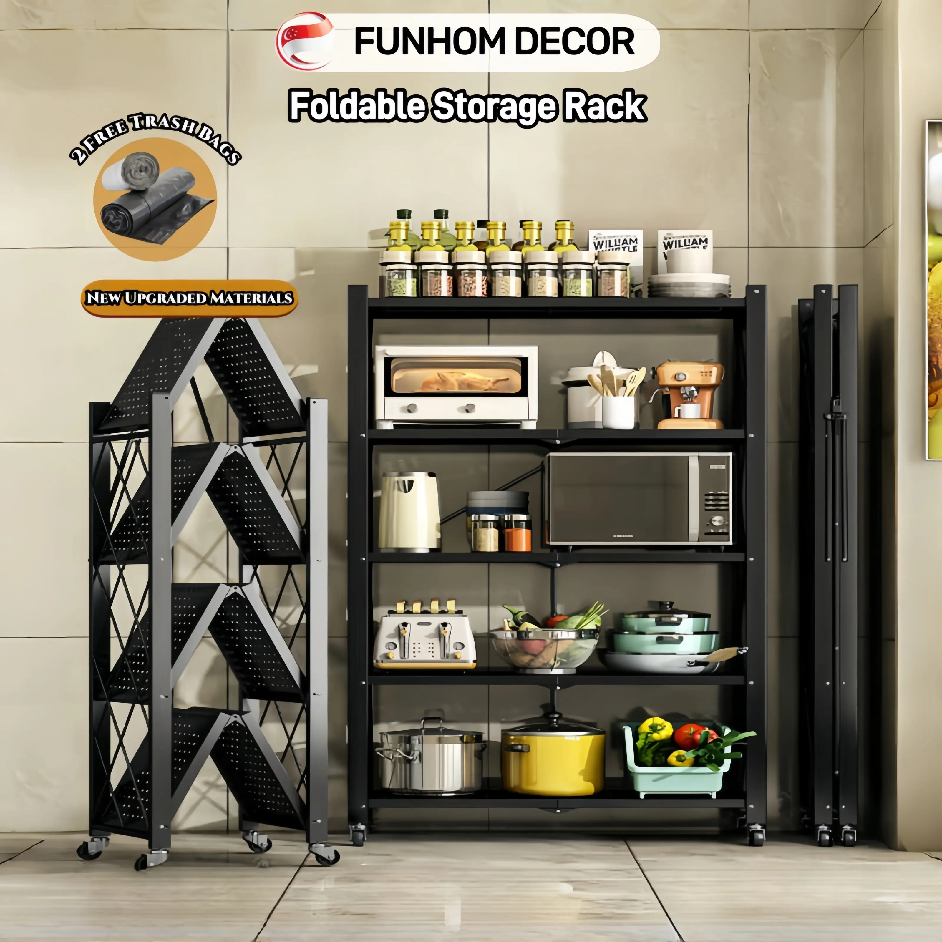 [SG Stock]Foldable Storage Rack With Wheels Installation Free Kitchen Shelf Carbon Steel Rack Upgraded Thicker Material