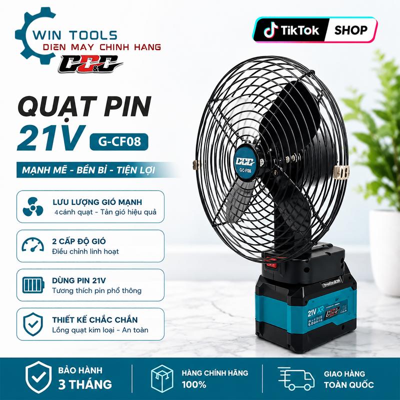 Quạt Tích Điện Lồng sắt PIN chân phổ thông, Đế PIN 21V - 2 Mức Gió, PIN 10-15Cell, Sử dụng 4-5h