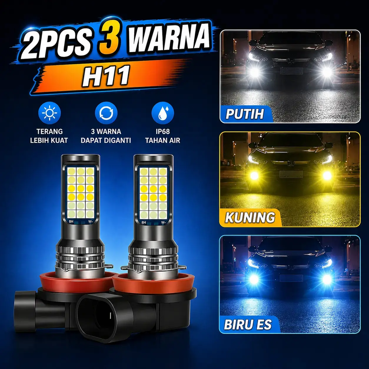 Lampu Foglamp LED Mobil H11 3 Warna PutihKuning Biru Lampu Kabut Depan TerangWaterproof Tembus Hujan Bohlam VariasiAvanza Innova Xpander Fortuner Pajero RushBrio Ertiga Jazz Yaris Xenia Mobilio Calya SigraUniversal Aksesoris Eksterior Pro Car