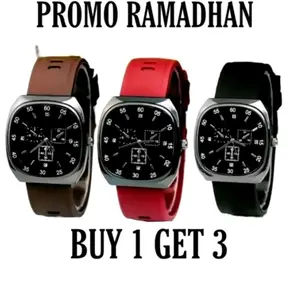PROMO 3pcs(Hitam Coklat Merah) jam tangan wanita/pria unisex tali silikon rubber  hitam coklat maroon OVAL Luxury Red jam tangan cewek import