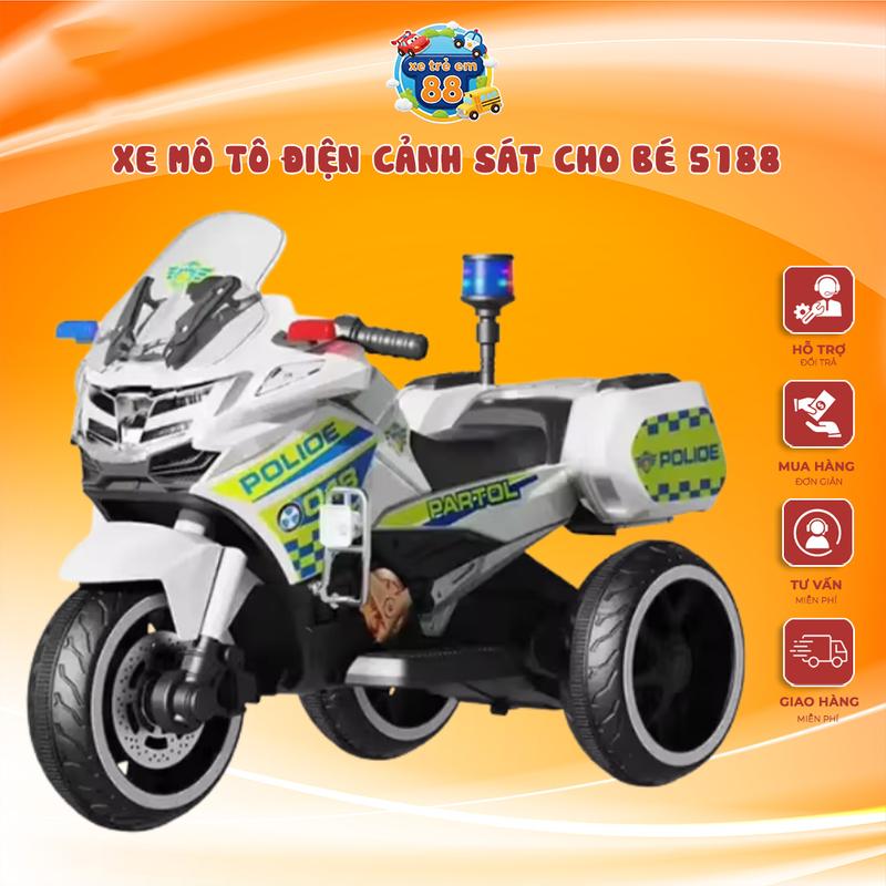 Xe Trẻ Em 88 Xe Mô Tô Điện Cảnh Sát 5188 Đồ Chơi Tải Trọng 30KG Độ Tuổi 1-6 Tuổi Kích Thước 95*50*72 Tốc Độ 3-5 Km h Có Bàn Đạp Chân Ga Ắc Quy 6V Sạc Điện