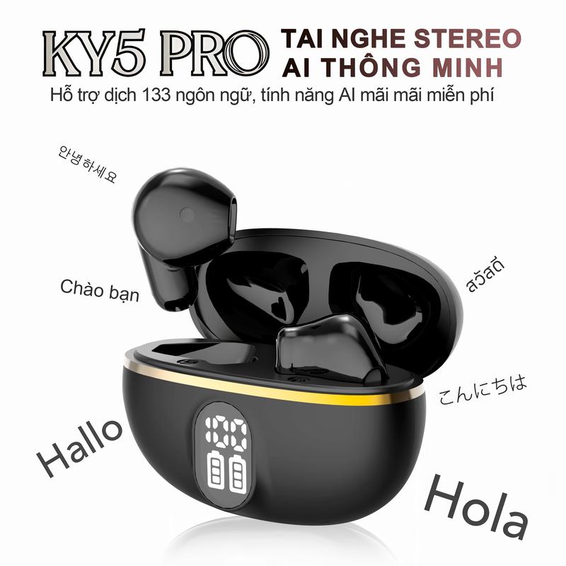 KY5 PRO-AI Tai Nghe Nhẹ Nhất Có, Tai nghe AI dịch đồng thời, Có thể dịch được 133 ngôn ngữ, Dịch trực tiếp khi video call, Màn hình hiển thị