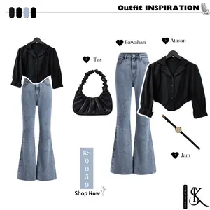Setelan Outfit Casual 4in1 cutbray jeans wanita (KEMEJA + CELANA + TAS SERUT + JAM TANGAN)  Atasan  Crop  KS0059