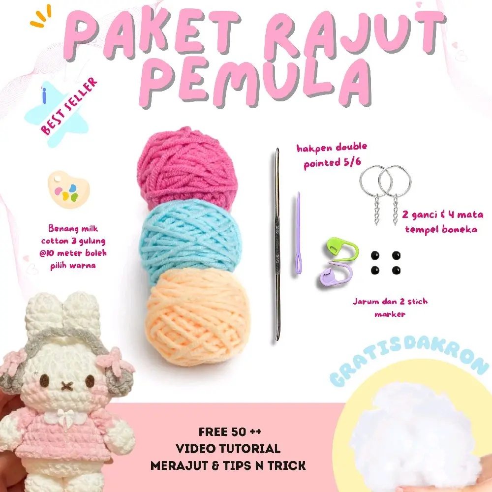 Paket Rajut Pemula Lengkap Benang Milk Cotton 5 Ply Bisa Pilih Warna 14in1 dengan Hakpen Double Pointed 5/6 dan 2 Ganci 4 Mata Tempel Boneka