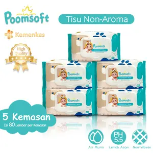 Poomsoft 5 Packs x  80 Lembar Tisu Basah Bayi Lembut tanpa Alkohol & Aroma - Set Bundel Perlengkapan Bayi yang Aman Disertifikasi oleh Departemen Kesehatan