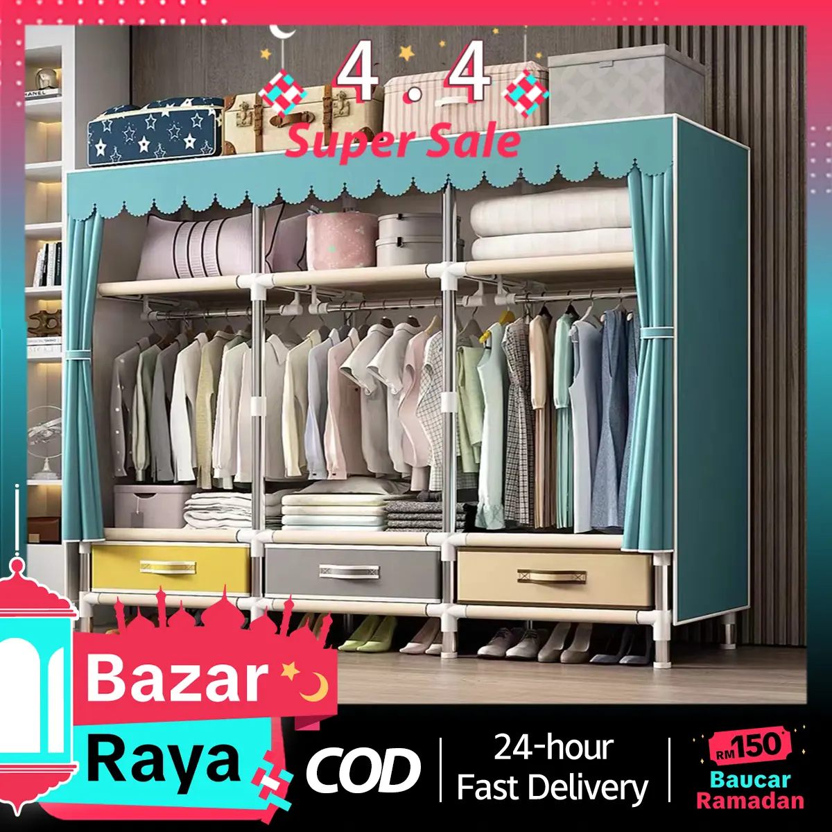 Oo-Wardrobe Almari Baju Rak Baju Clothes Organization Storage Rack Cabinet Bedroom Furniture Clothes Rack Cupboard