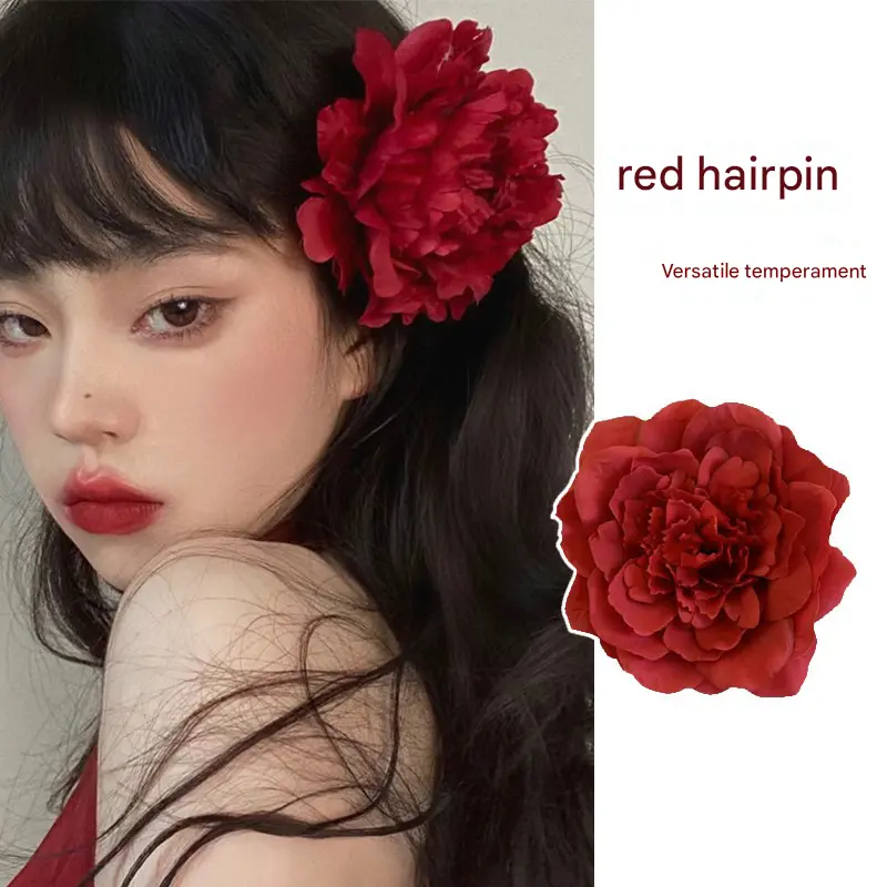 Sweet Red Rose Hair Clip for Women girl Vintage Holiday Style Big Flower Side Clip Party Beach Hair Accessories